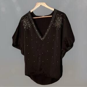 Monroe‎ XS V Neck Silk Beaded Black Blouse